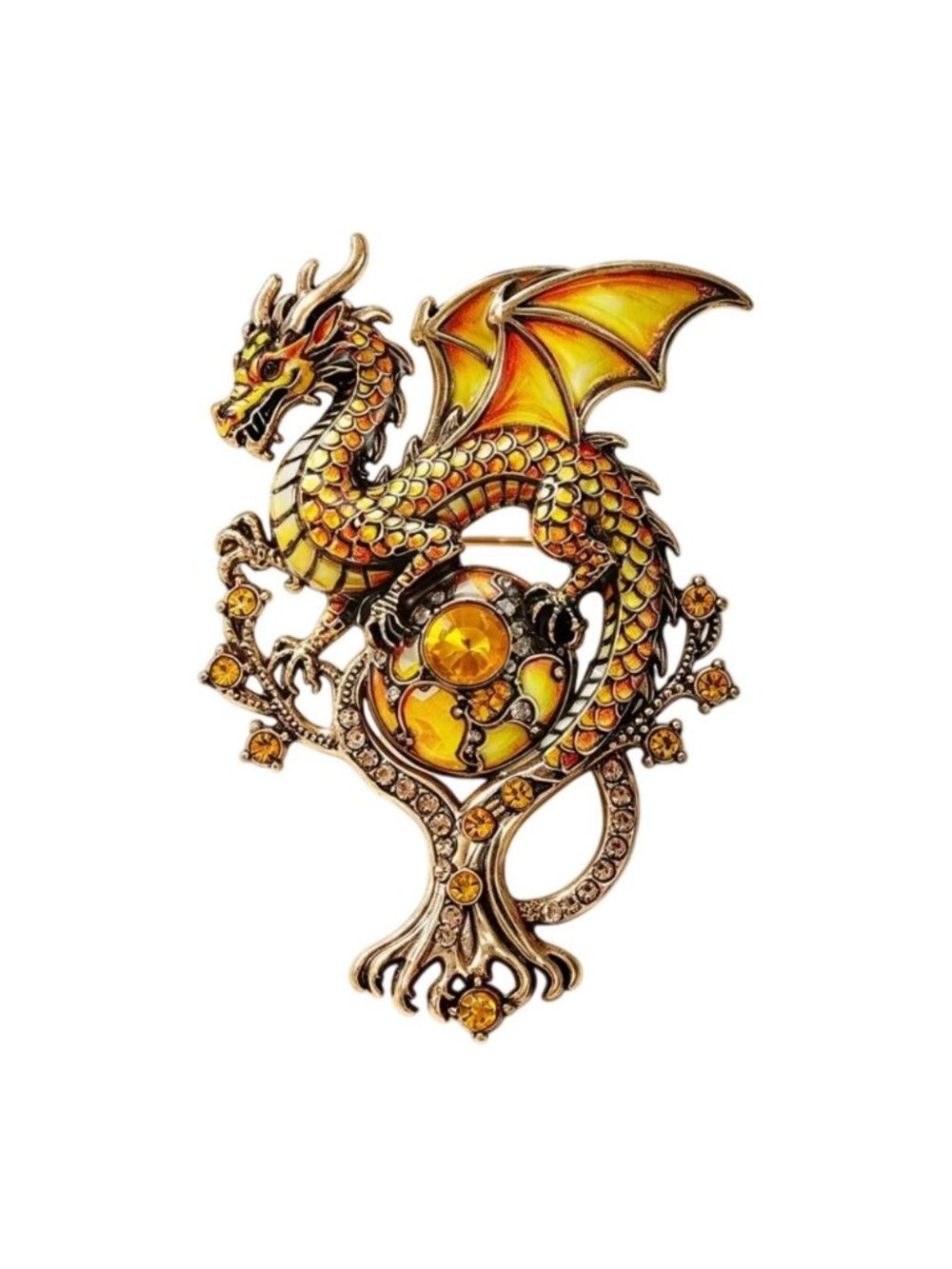 Yellow Enamel & Crystal Dragon Brooch
